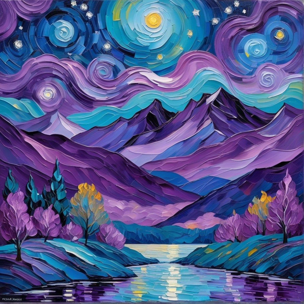 Vibrant Night Sky Over Purple Mountains and Lake