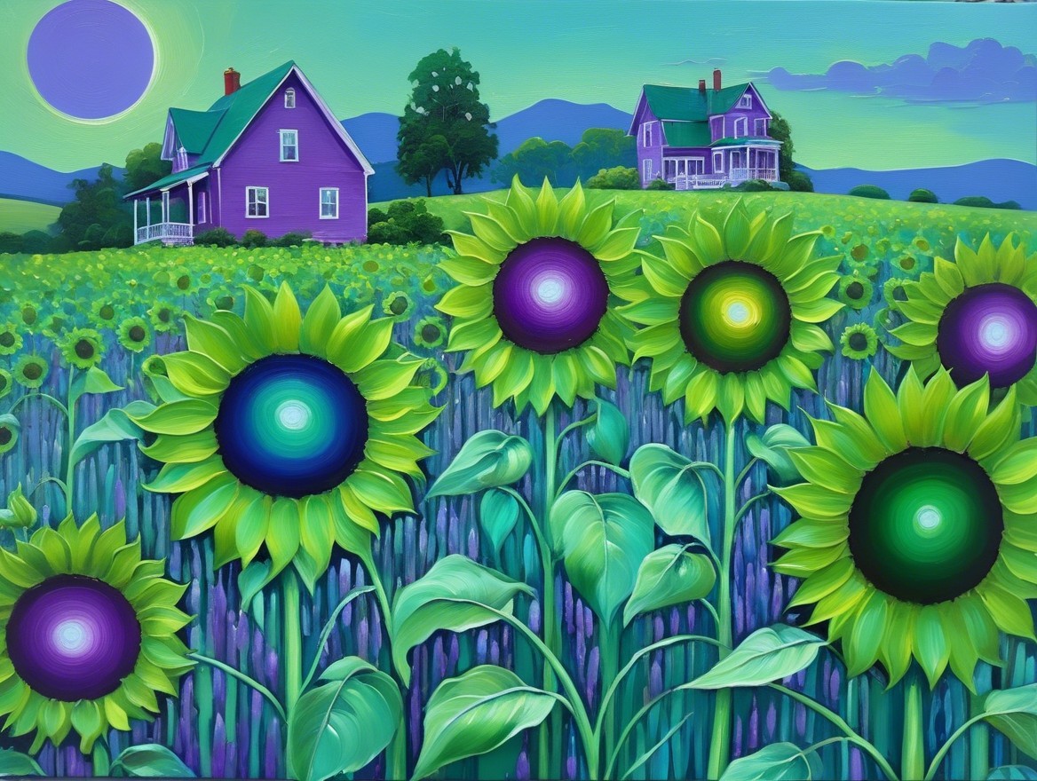 Vibrant Landscape with Purple Houses and Sunflowers
