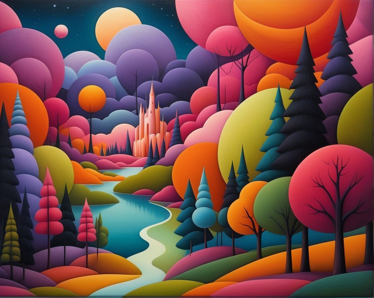 Whimsical Twilight Landscape with Colorful Trees and Castle
