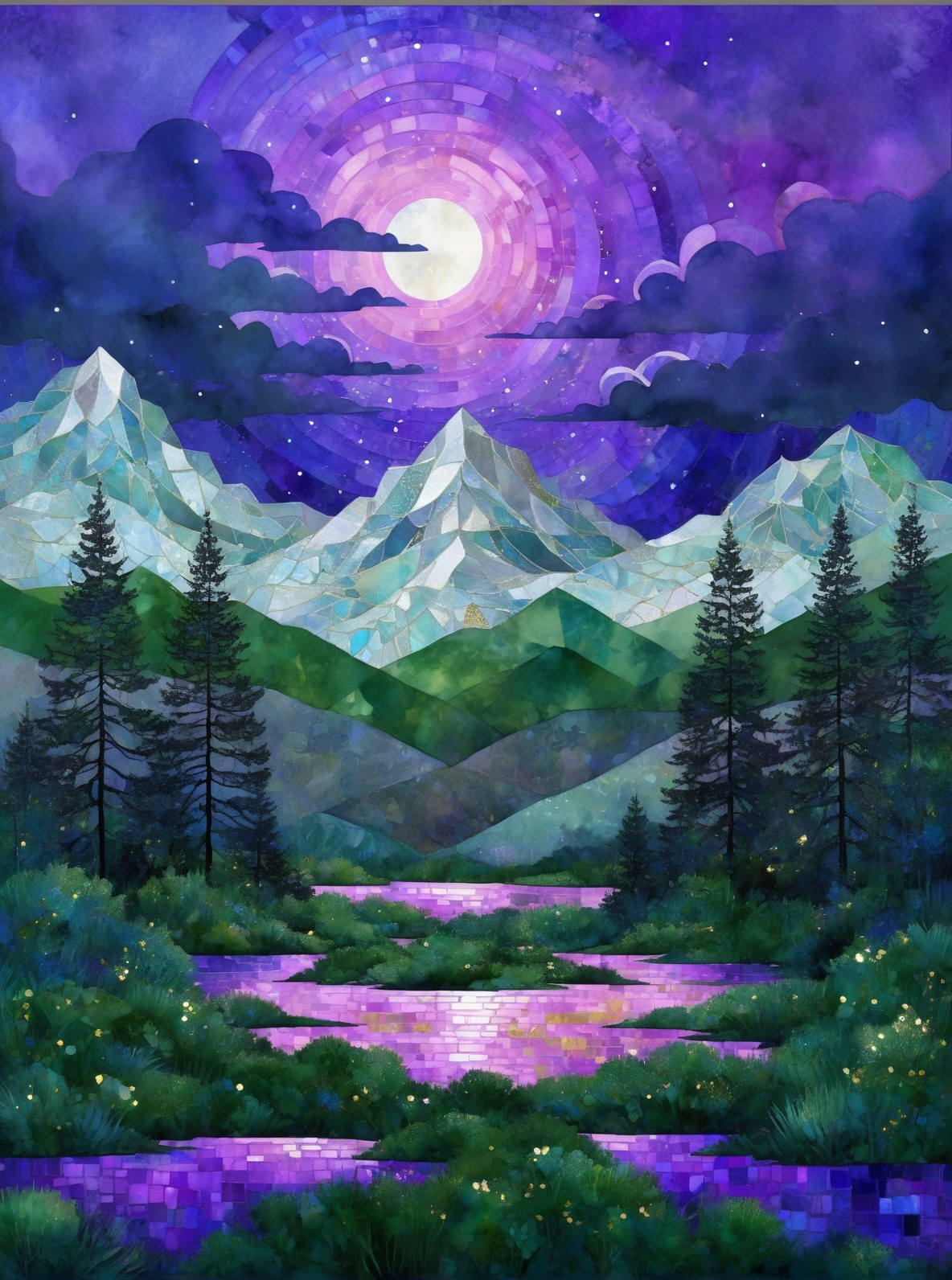 Watercolor and Mosaic Artwork of Night Landscape