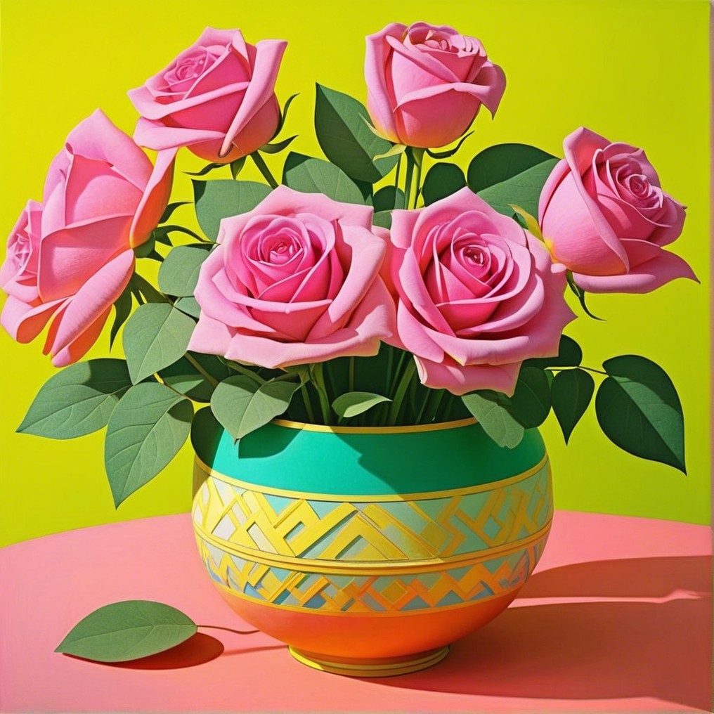 Colorful Vase with Pink Roses on Pastel Table