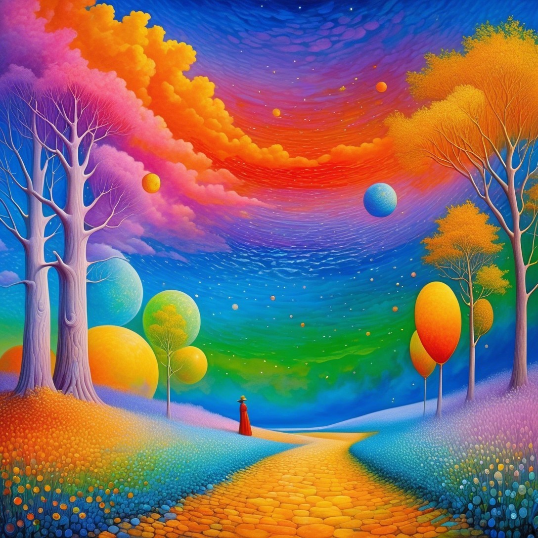 Surreal Landscape with Golden Path and Colorful Trees