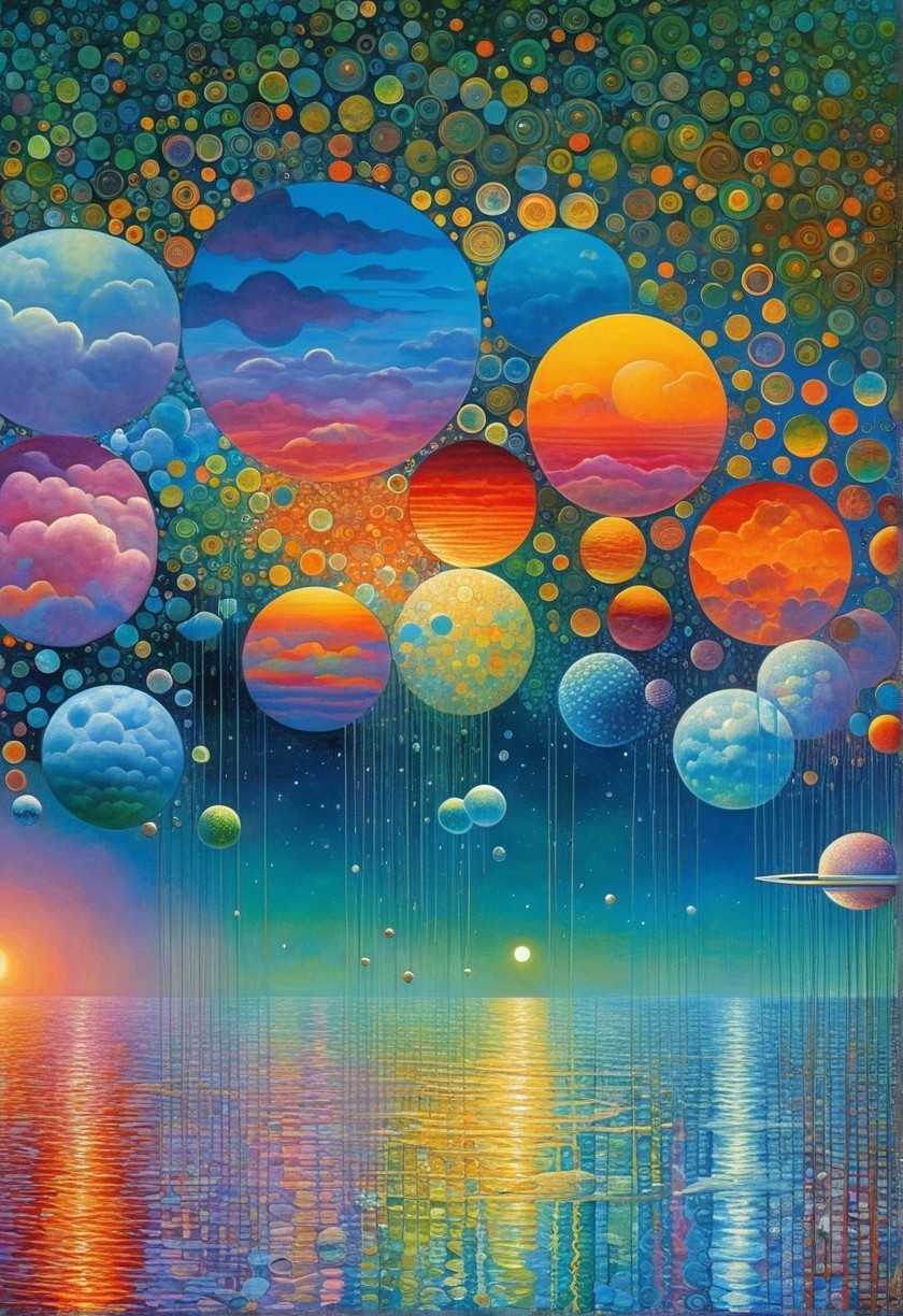 Surreal Landscape with Vibrant Planets and Water