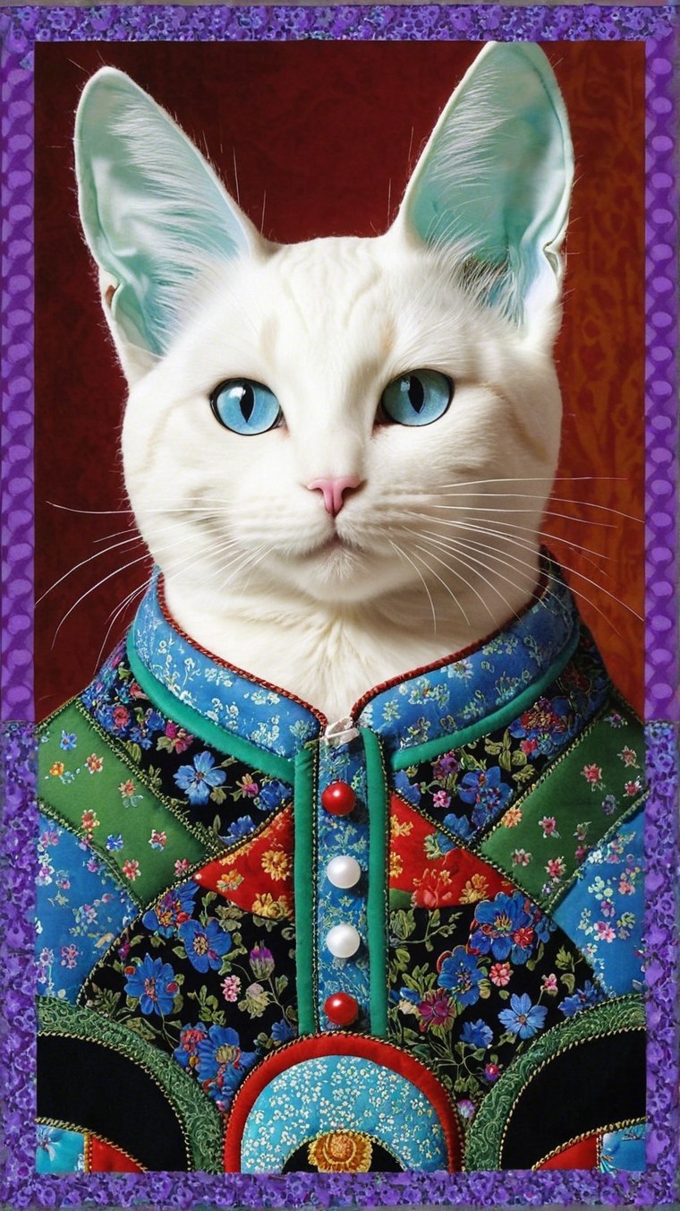 Elegant White Cat in Floral Robe with Blue Accents
