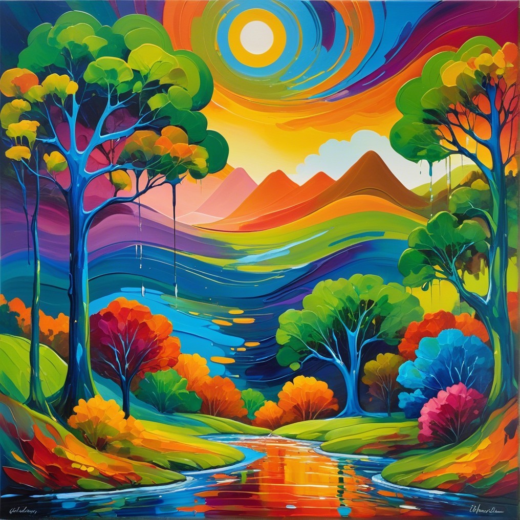 Vibrant Landscape with River and Lush Forest Scene