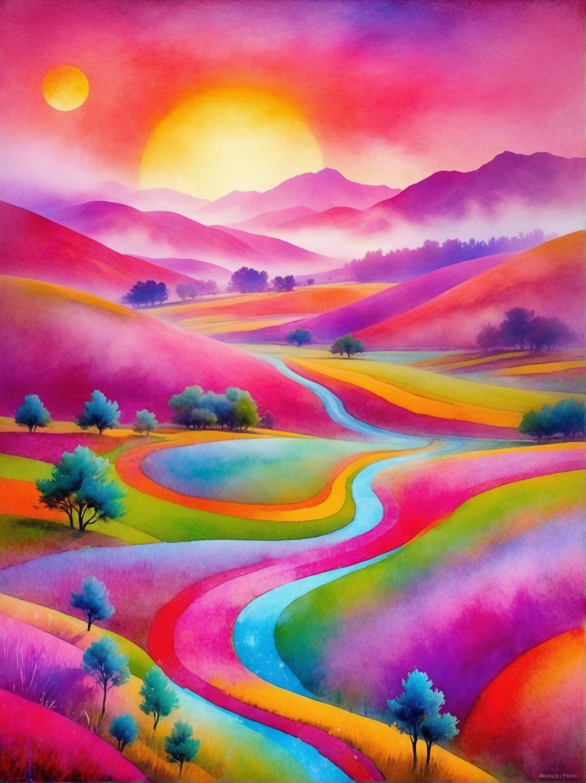 Vibrant Abstract Expressionist Landscape with Sunset