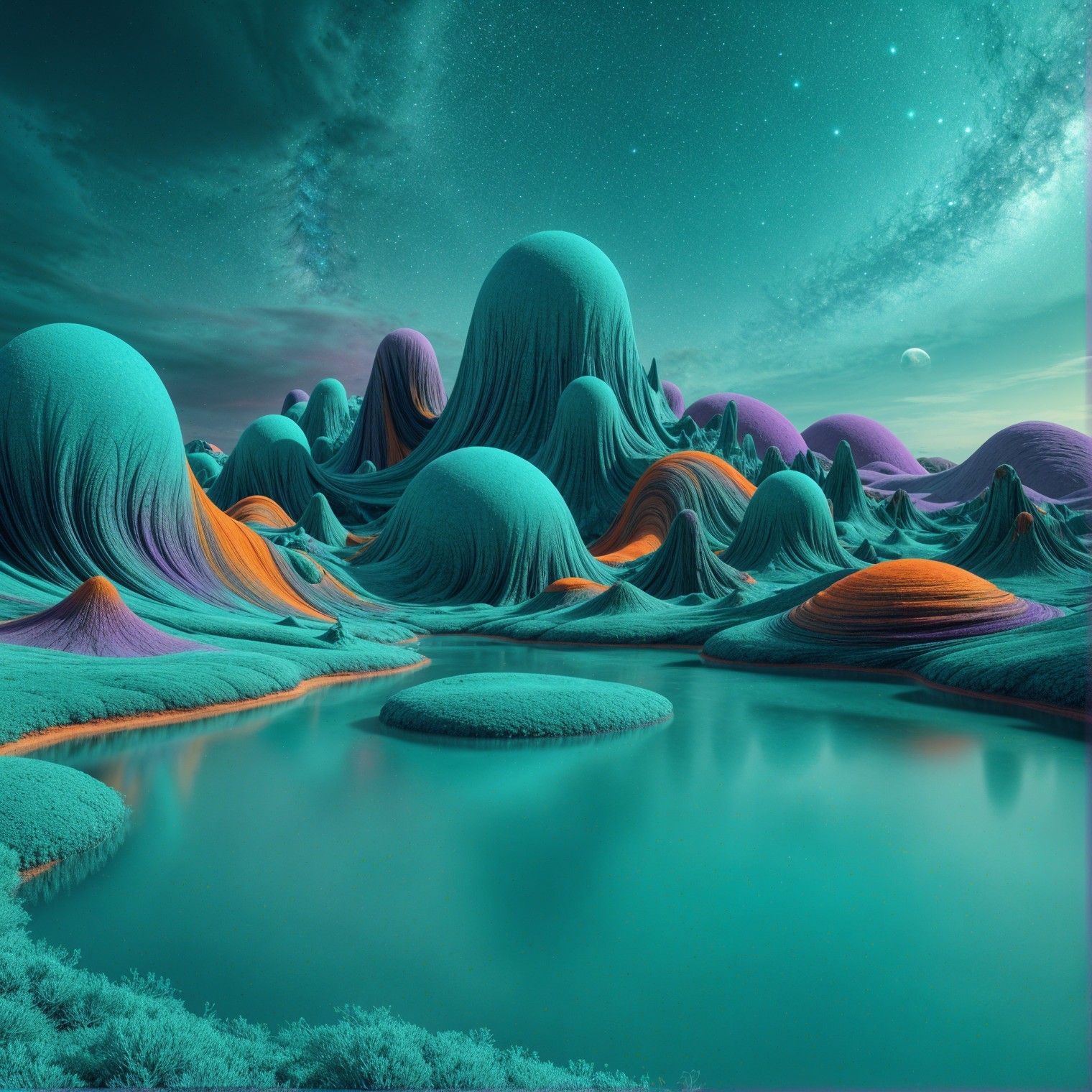Surreal Landscape with Vibrant Hills and Starry Sky