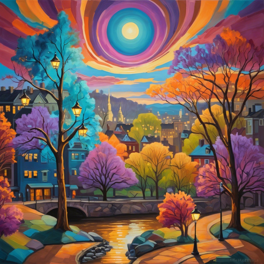Surreal Landscape with Colorful Sunset and Charming Town