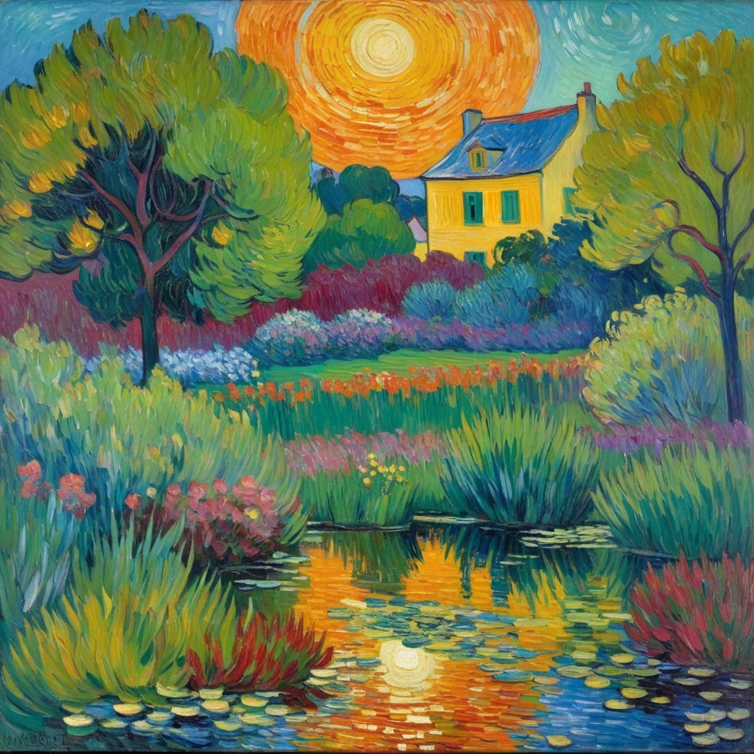 Vibrant Landscape Painting of a Serene Garden Scene