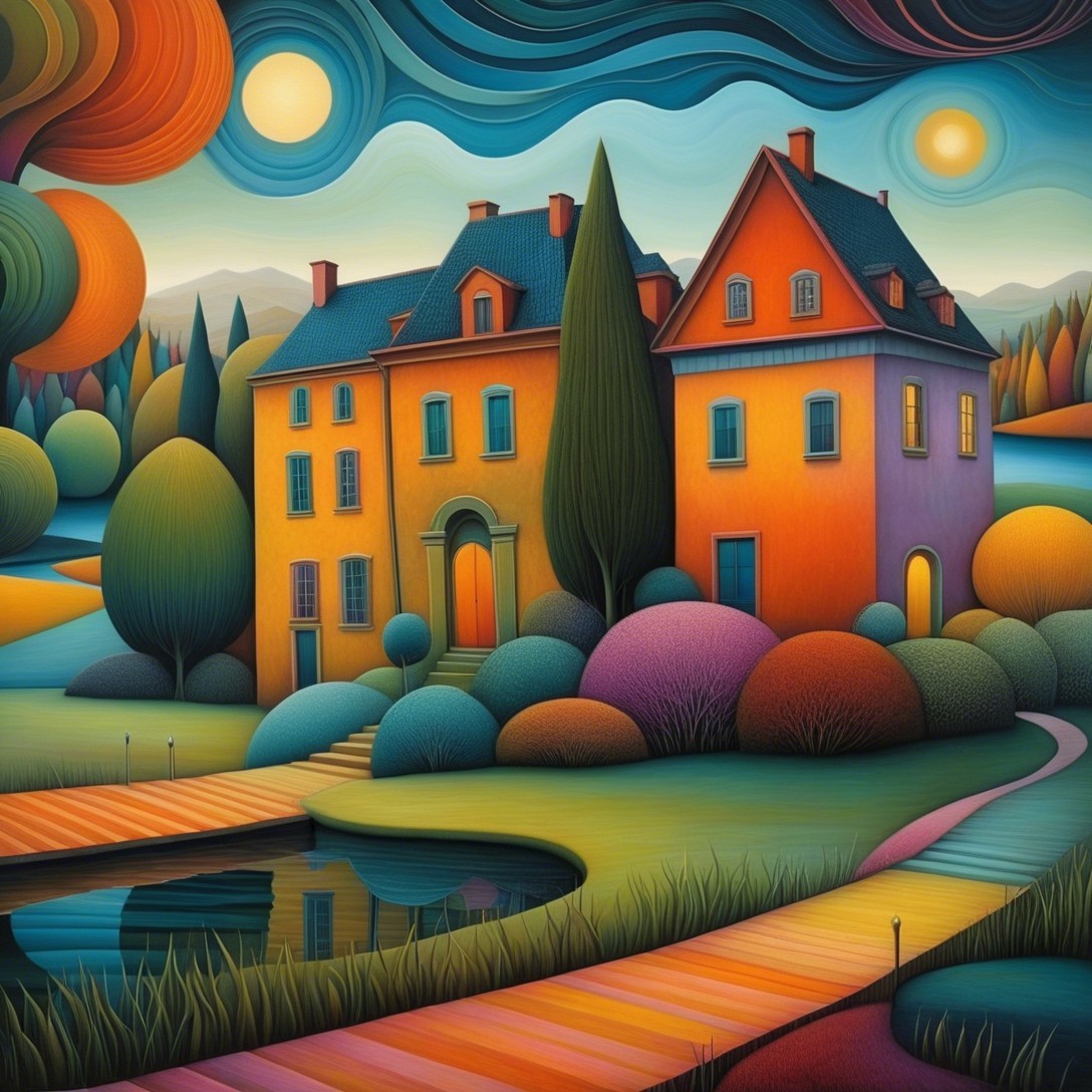 Whimsical Landscape with Colorful Houses and Pond