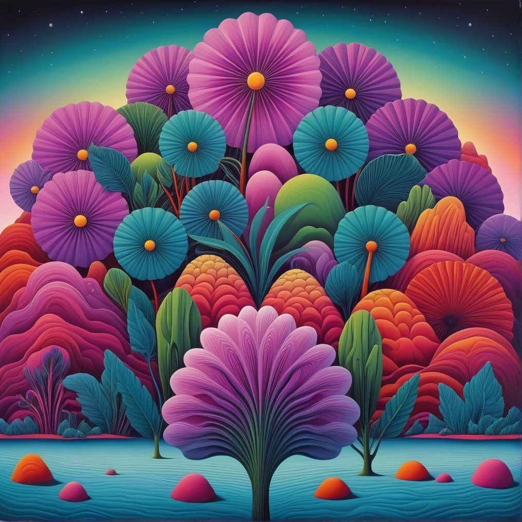 Surreal Landscape with Oversized Colorful Flowers