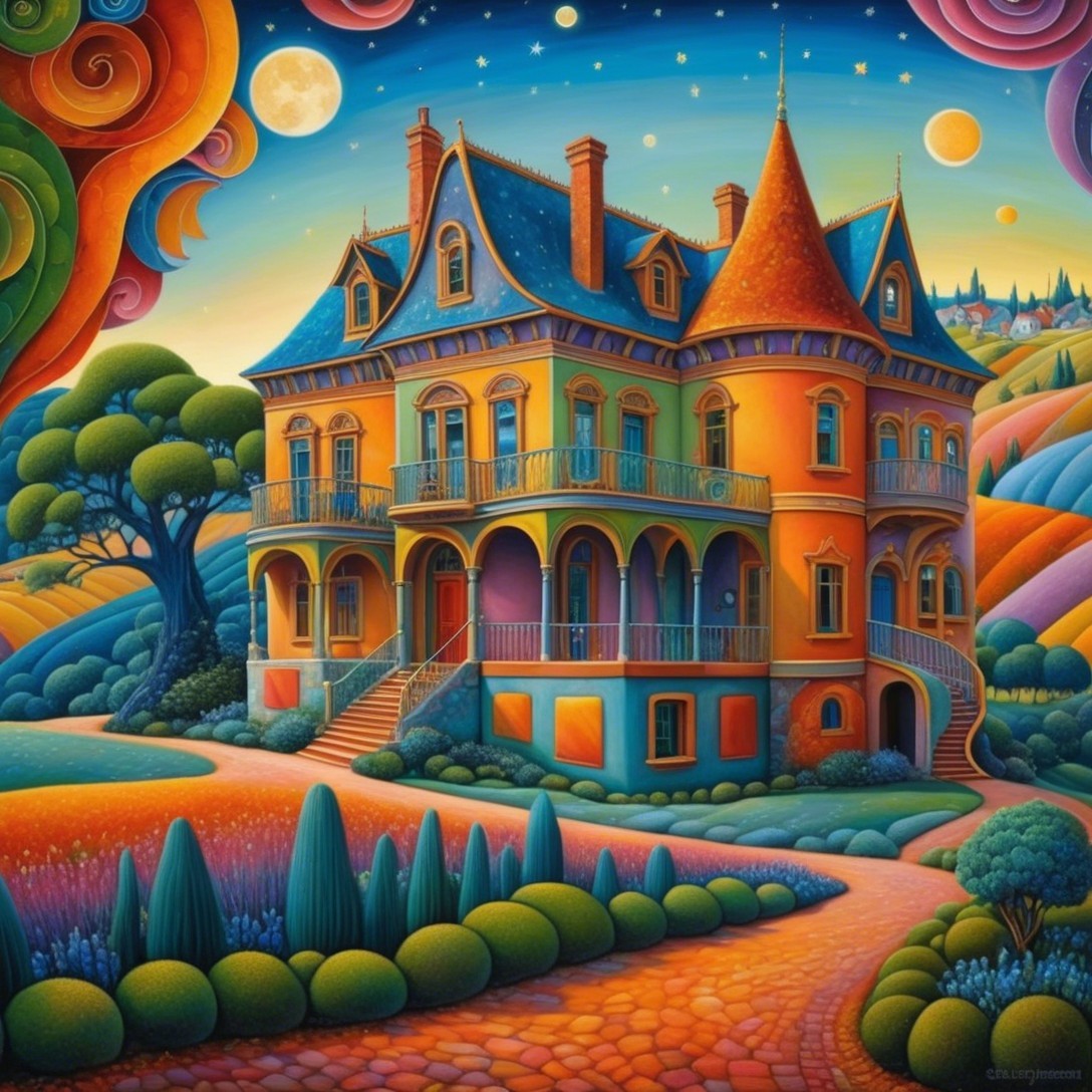 Whimsical Mansion with Bold Colors and Surreal Sky