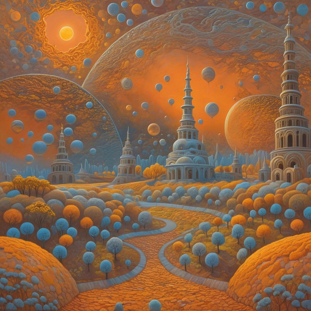 Surreal Landscape with Spires and Celestial Bodies
