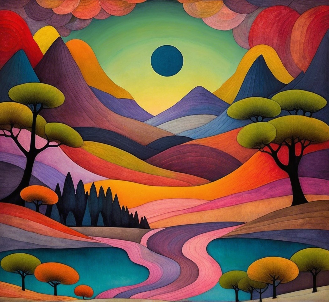 Vibrant Landscape with Rolling Hills and Majestic Mountains
