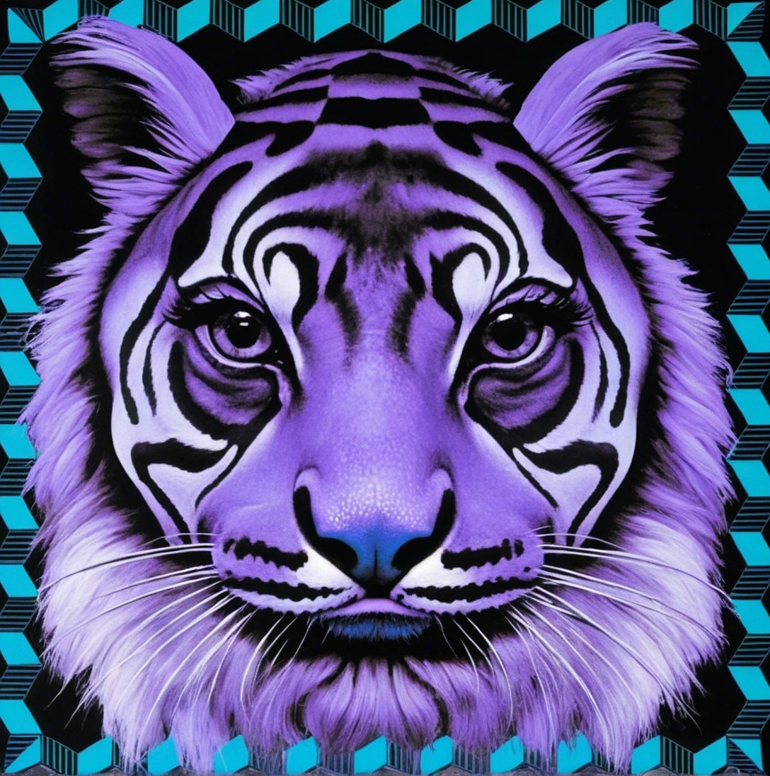 Close-up of a tiger's face with purple and white hues