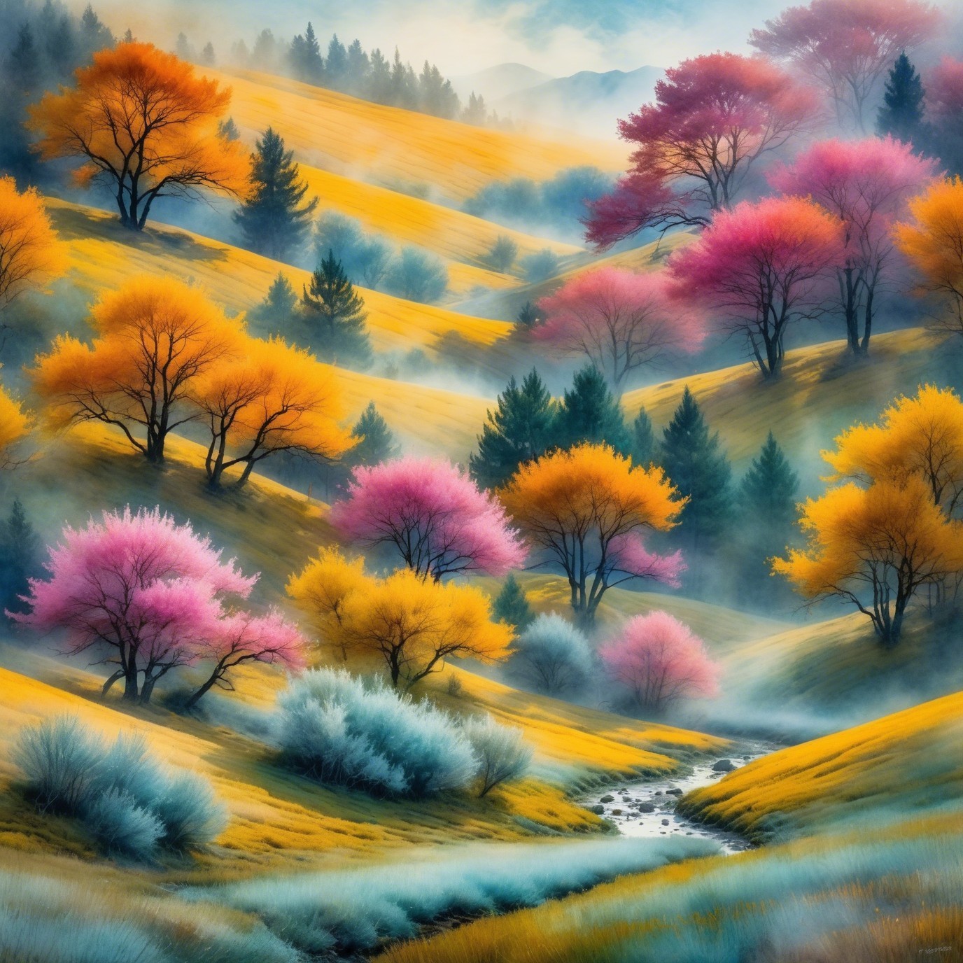 Vibrant Landscape with Rolling Hills and Misty Valleys