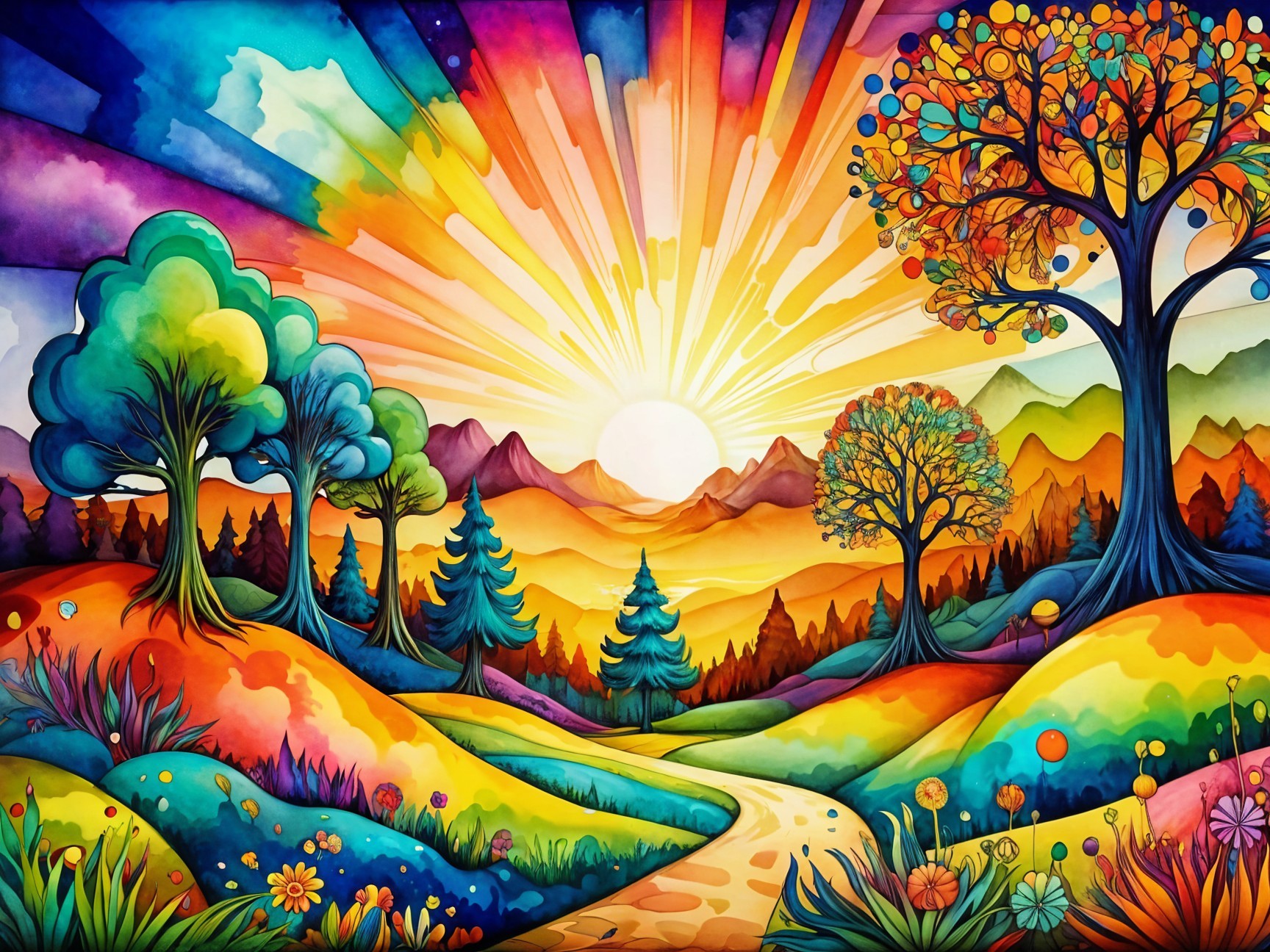 Vibrant Landscape with Colorful Sunrise and Hills