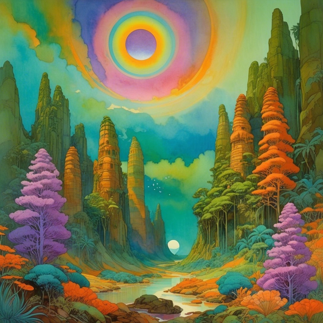 Surreal Landscape with Rocky Formations and River