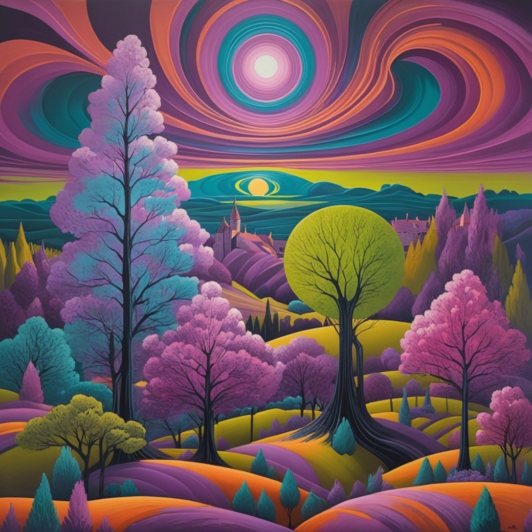 Surreal landscape with vibrant colors and a castle