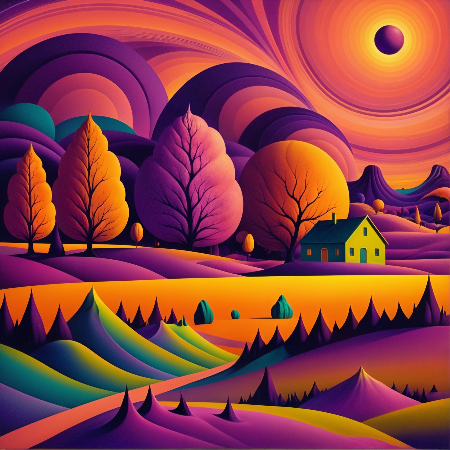 Surreal Landscape with Eclipse and Colorful Skies