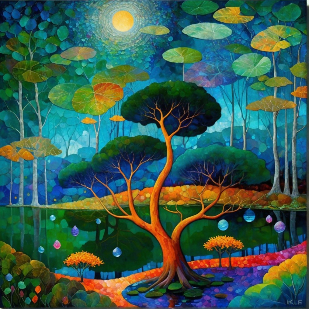 Vibrant Landscape with Whimsical Tree and Water Features