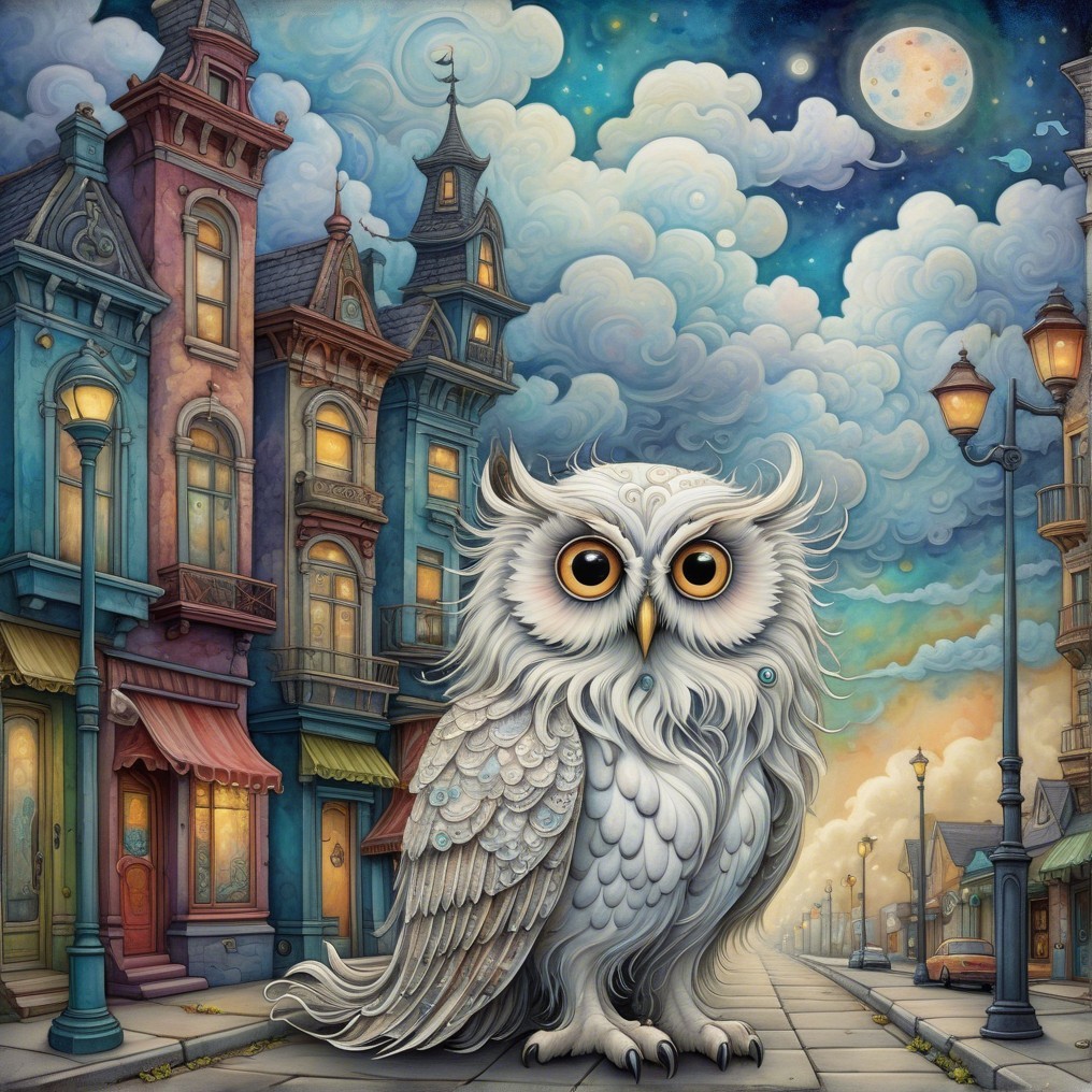 Whimsical Owl in a Colorful Victorian Street Scene