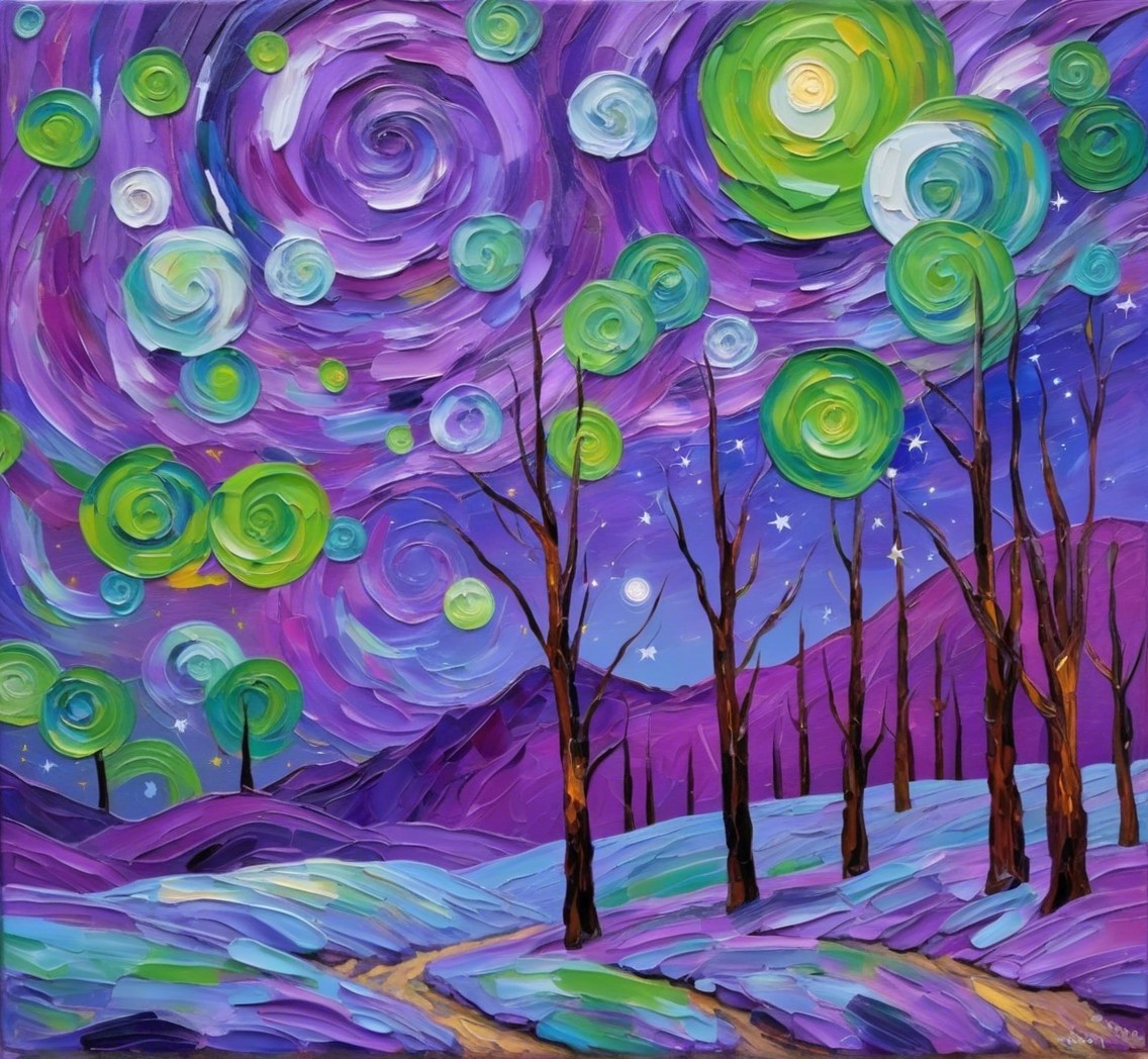 Vibrant Night Sky with Green Orbs and Purple Hills