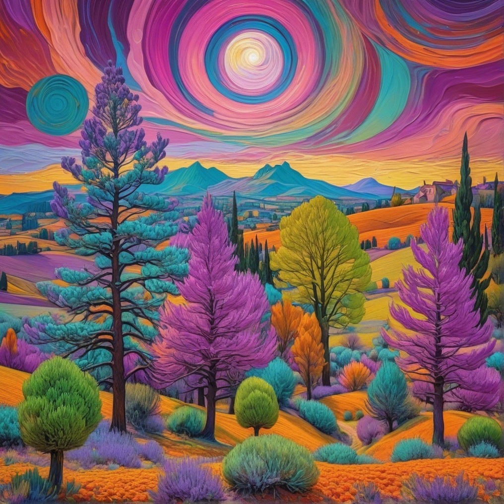 Vibrant Landscape with Colorful Skies and Trees