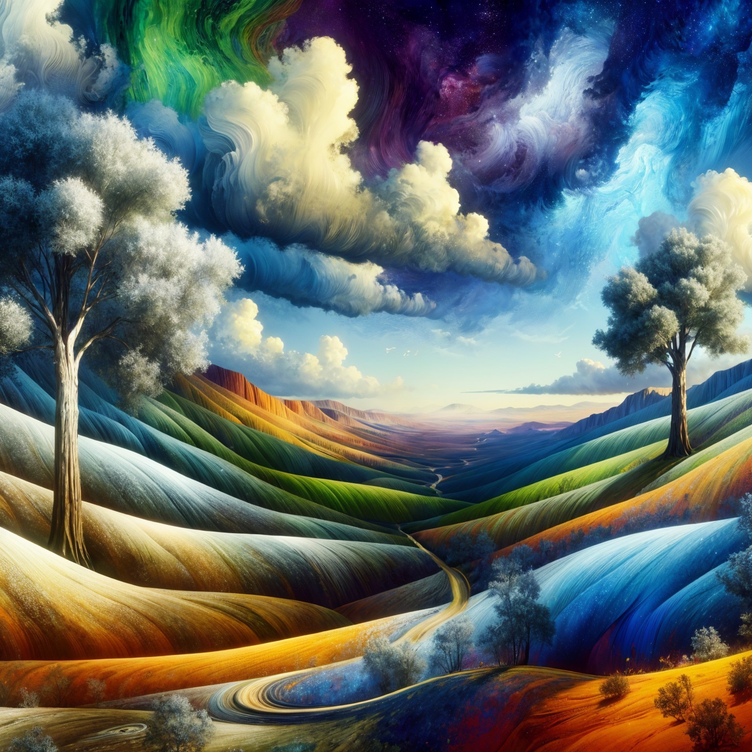 Surreal Landscape with Vibrant Colors and Trees