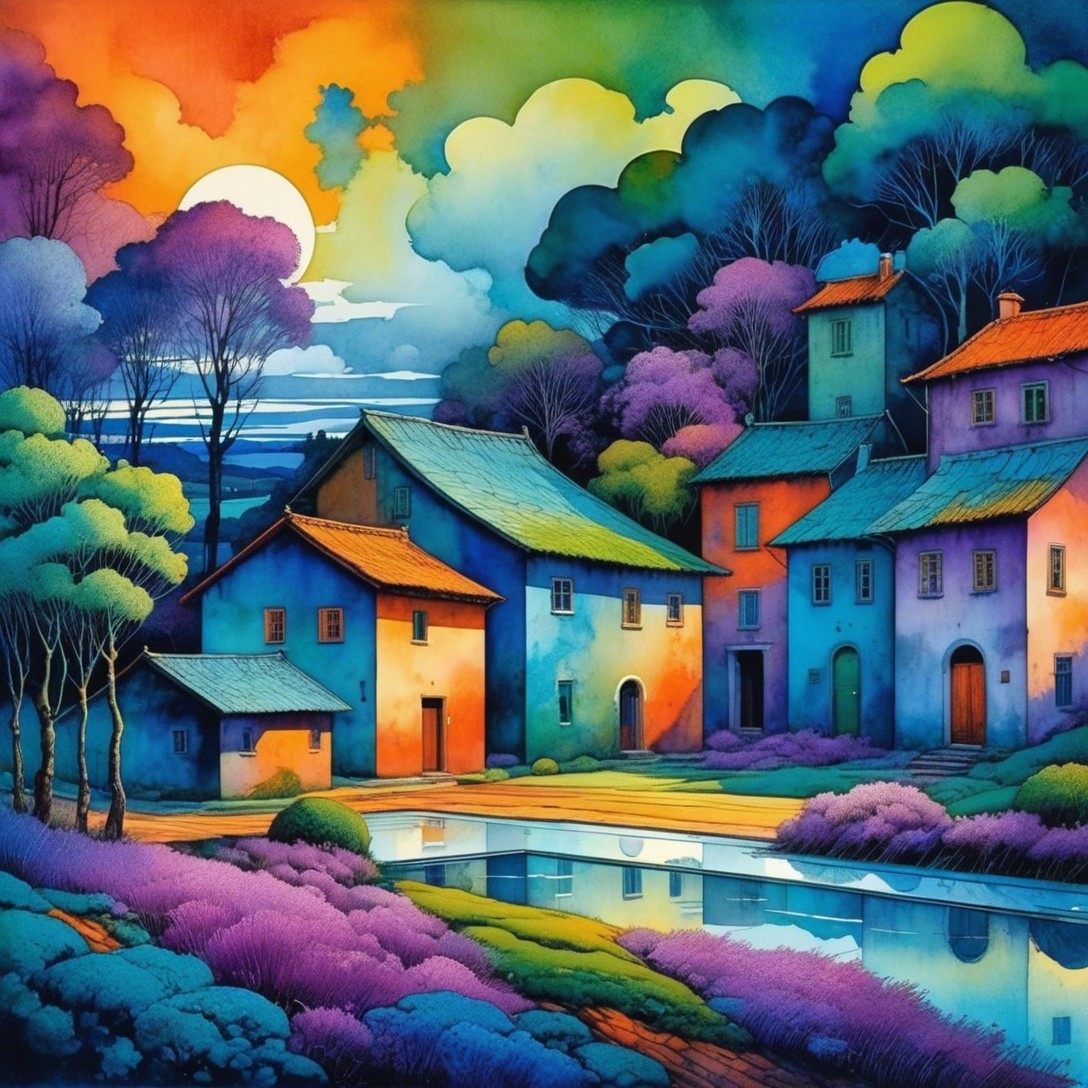 Vibrant Dreamlike Landscape with Colorful Houses