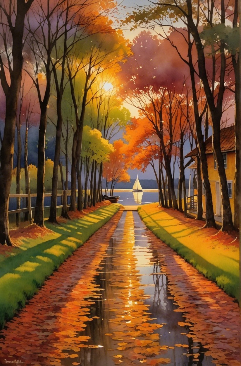 Autumn Pathway by a Serene Lake at Sunset