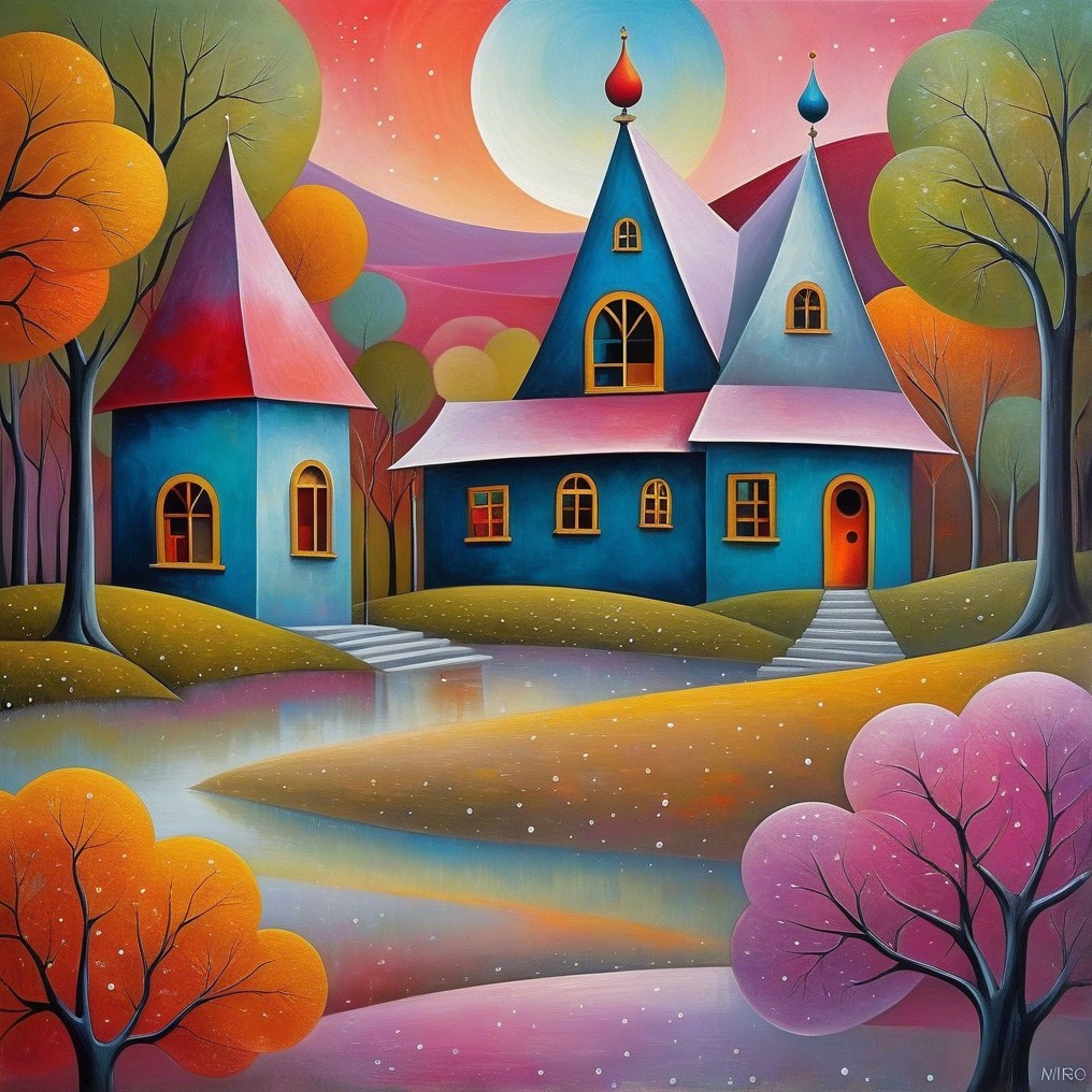 Whimsical Landscape with Colorful Houses and Moon