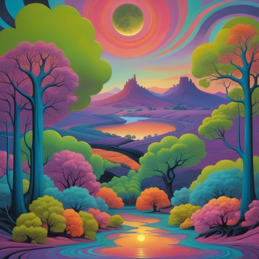 Vibrant Landscape with Colorful Trees and Sunset Lake