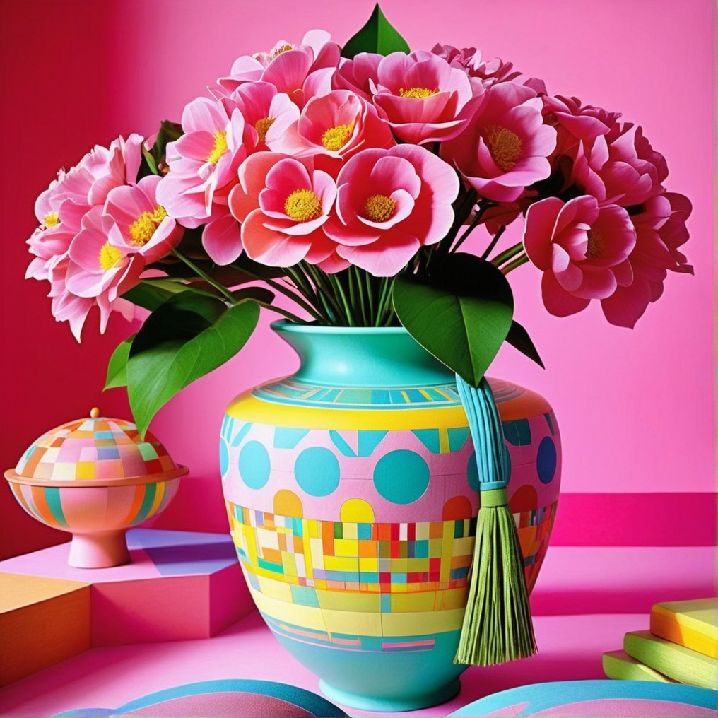 Vibrant Vase with Pink Flowers and Geometric Shapes