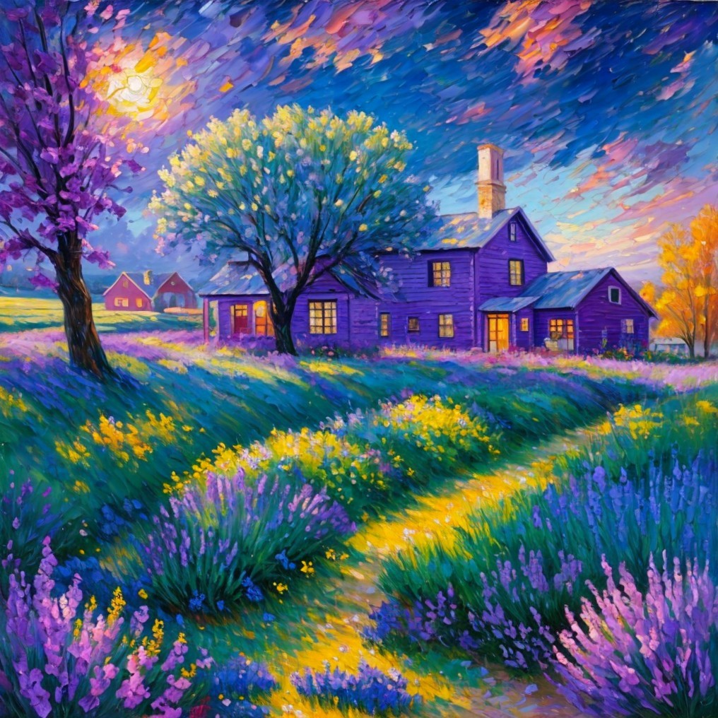 Charming Purple House in a Vibrant Landscape
