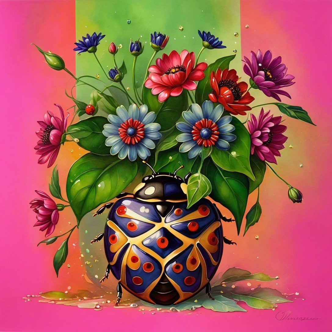 Surreal Illustration of Colorful Beetle and Flowers