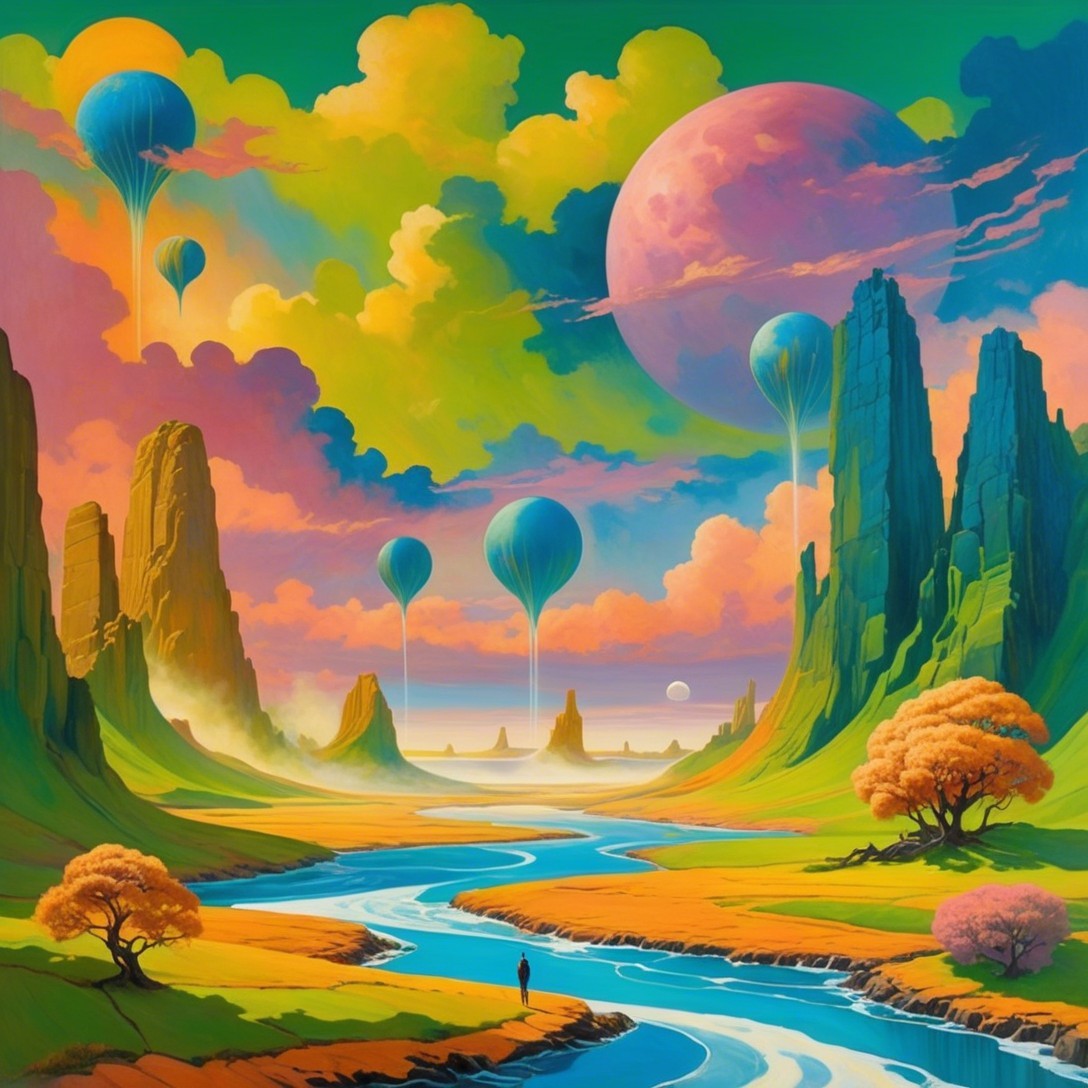 Surreal Landscape with Colorful Hills and Hot Air Balloons