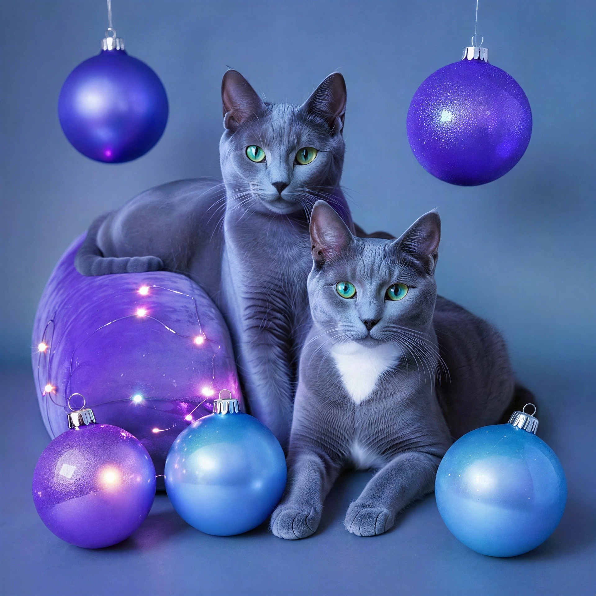 Russian Blue Cats in Purple and Blue Festive Setting