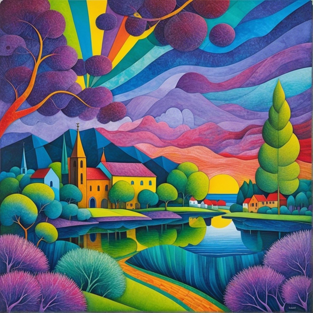 Vibrant Sunset Landscape Over Serene Village by Lake