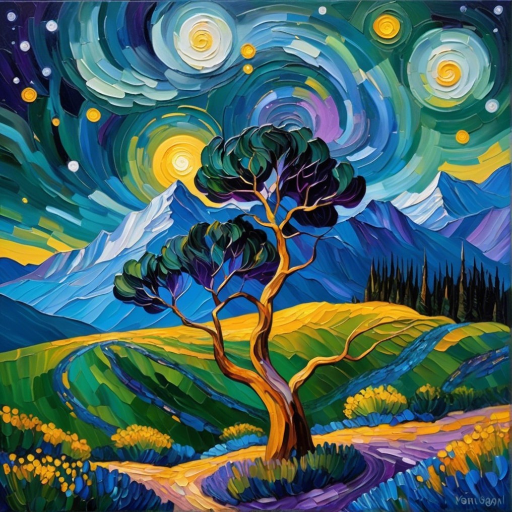 Vibrant Landscape Painting with Night Sky and Mountains