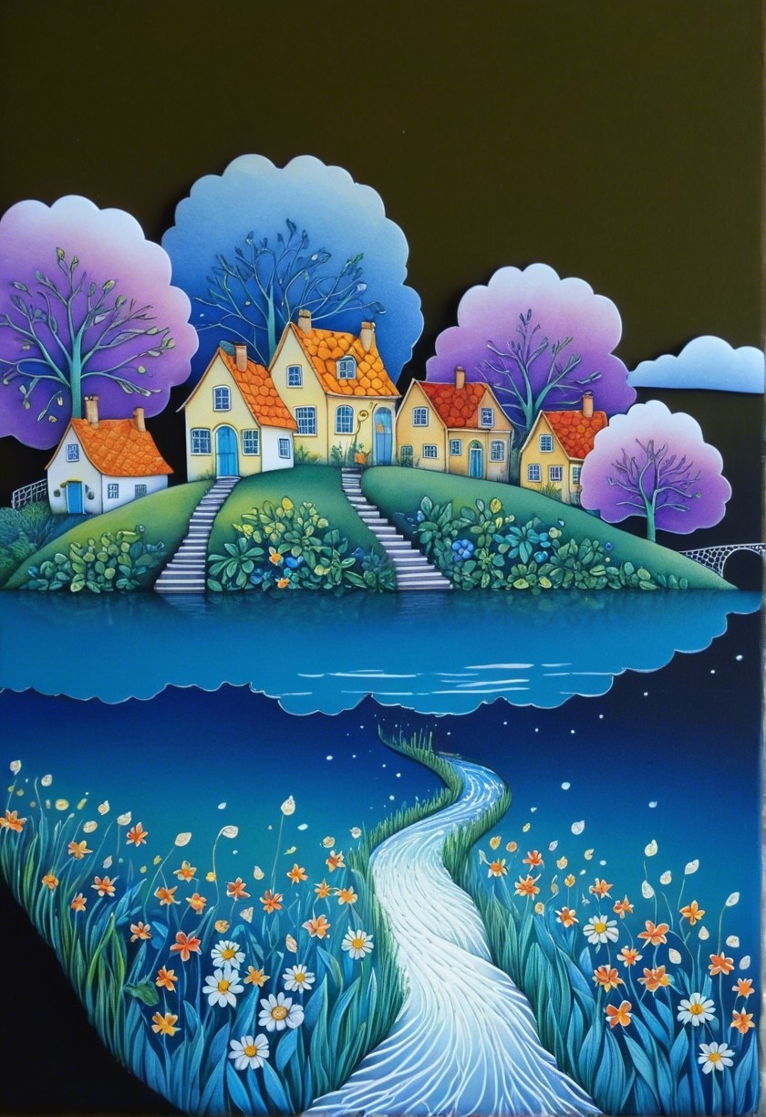 Whimsical Landscape with Colorful Houses and Waterway