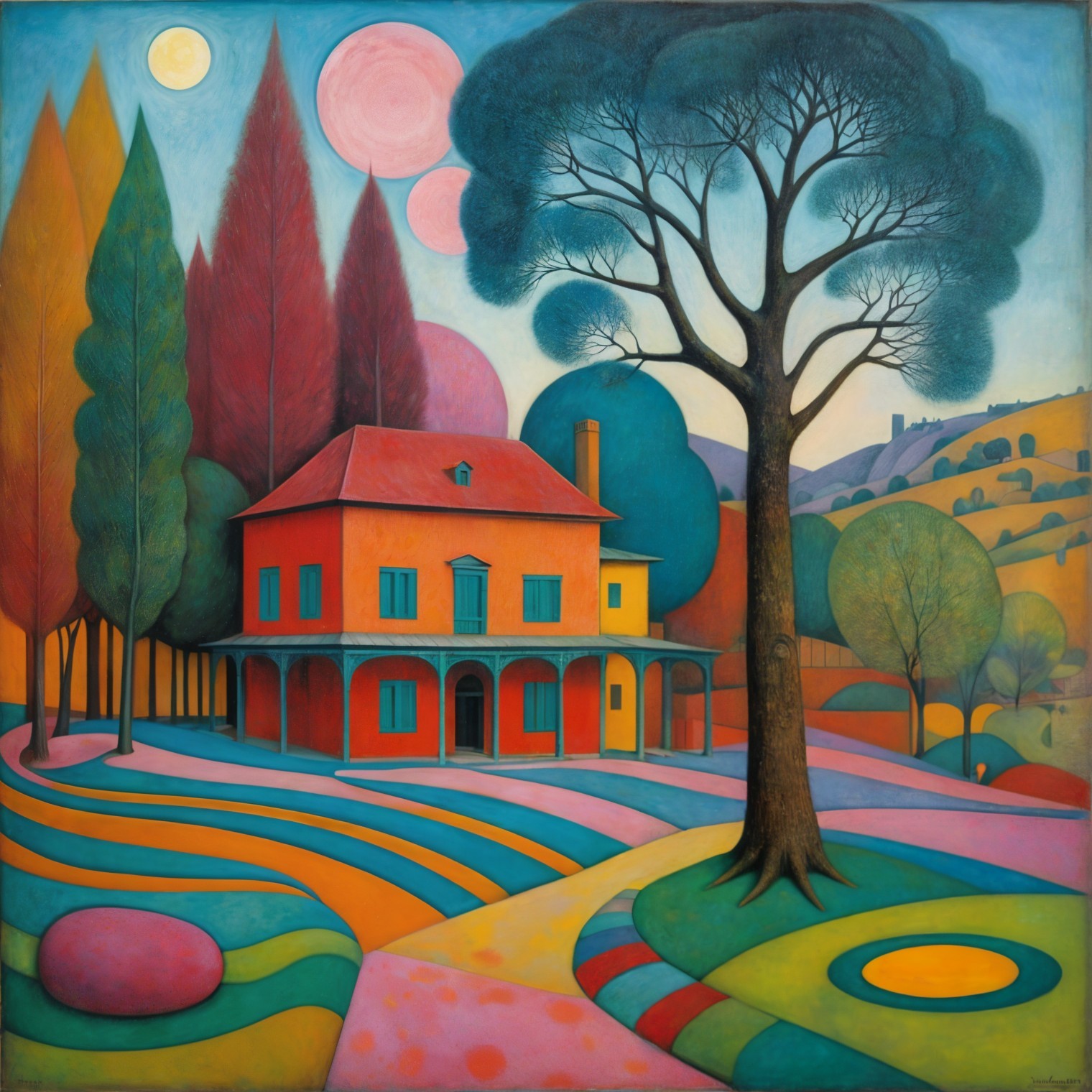 Vibrant Landscape with Colorful House and Abstract Trees