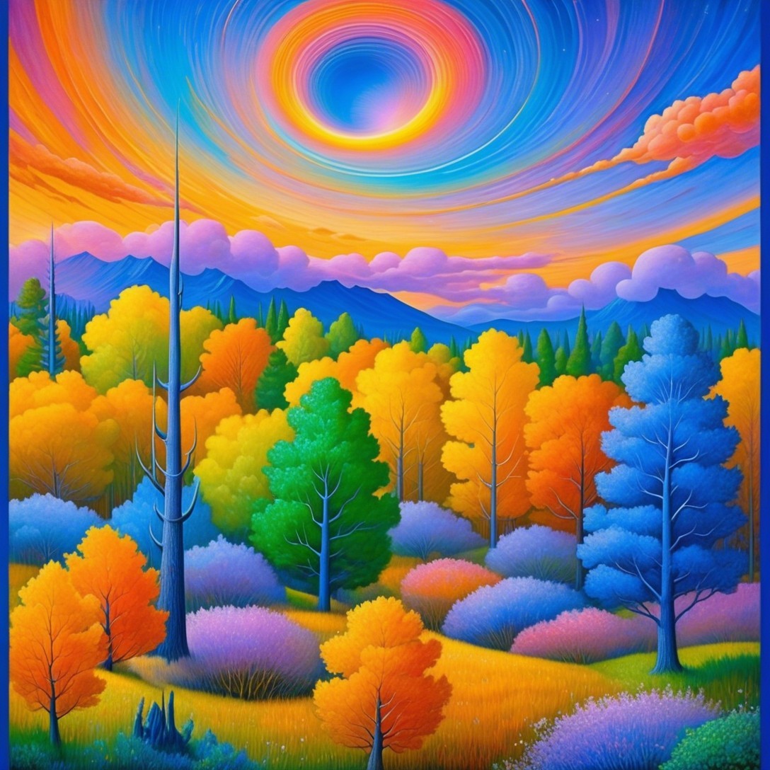 Surreal Autumn Landscape with Colorful Trees and Sky