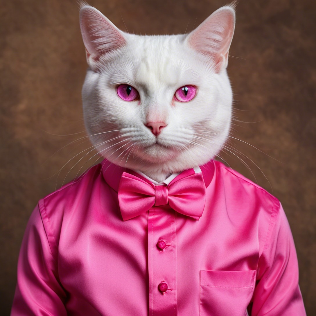 White Cat in Pink Shirt and Bow Tie Against Brown Wall