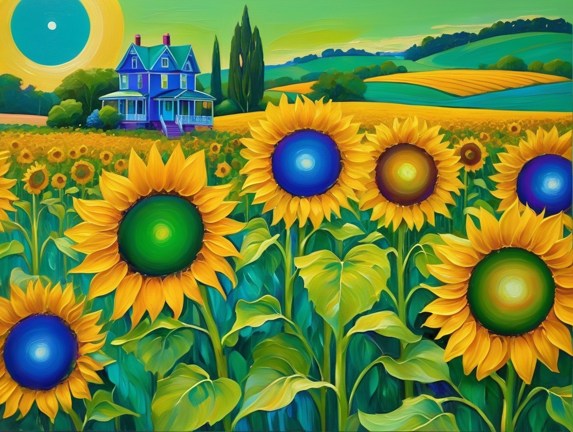 Vibrant Countryside with Blue House and Sunflowers