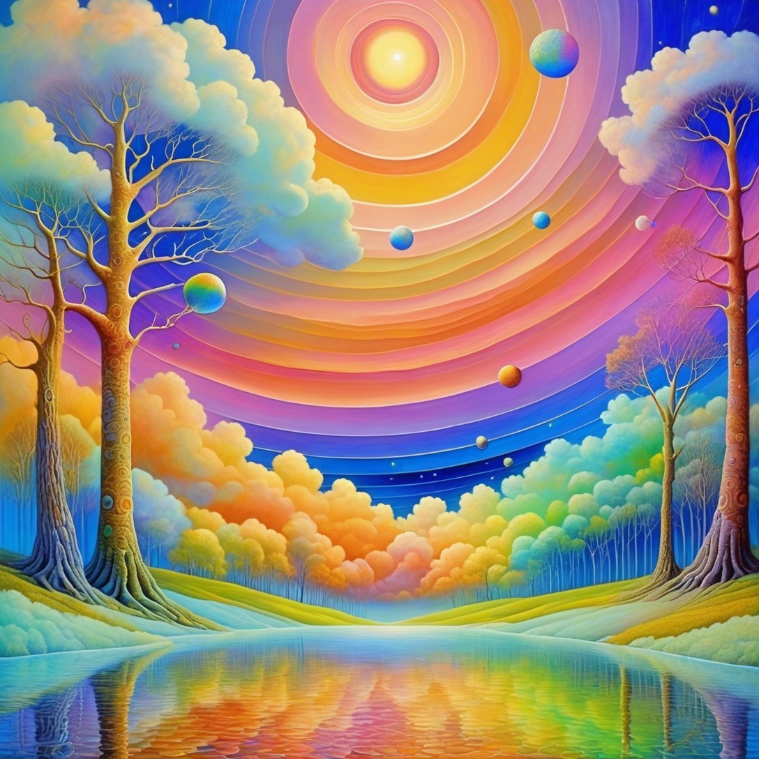Surreal Landscape with Colorful Trees and Planets