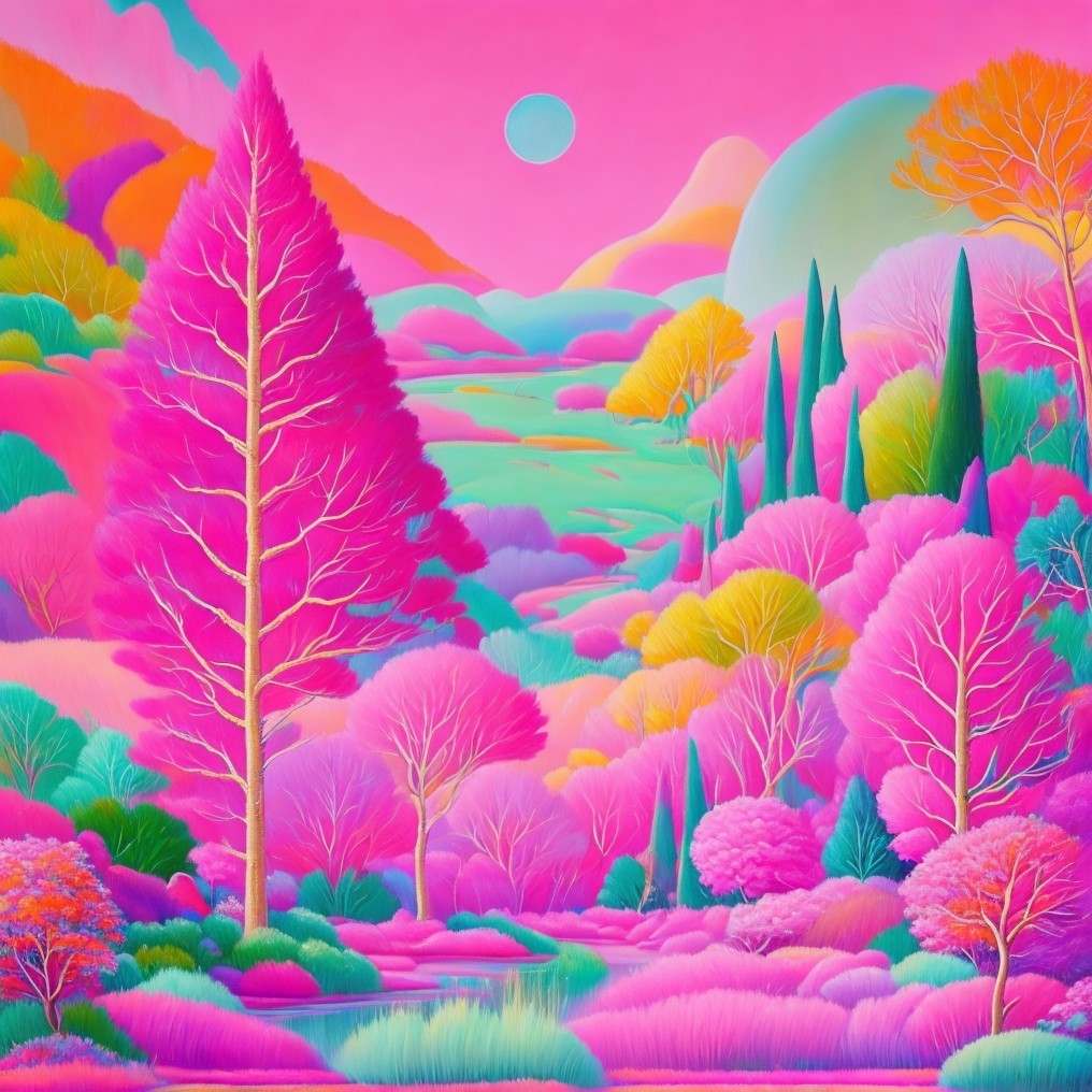 Vibrant Landscape with Pink Trees and Rolling Hills