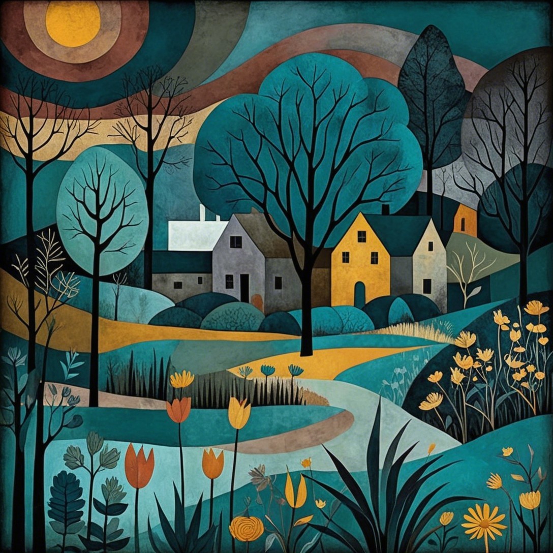 Vibrant Abstract Landscape with Colorful Trees and Houses