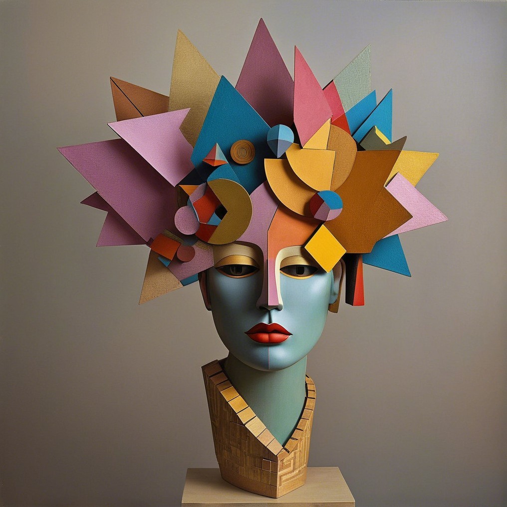 Stylized sculpture of a head with colorful geometric shapes