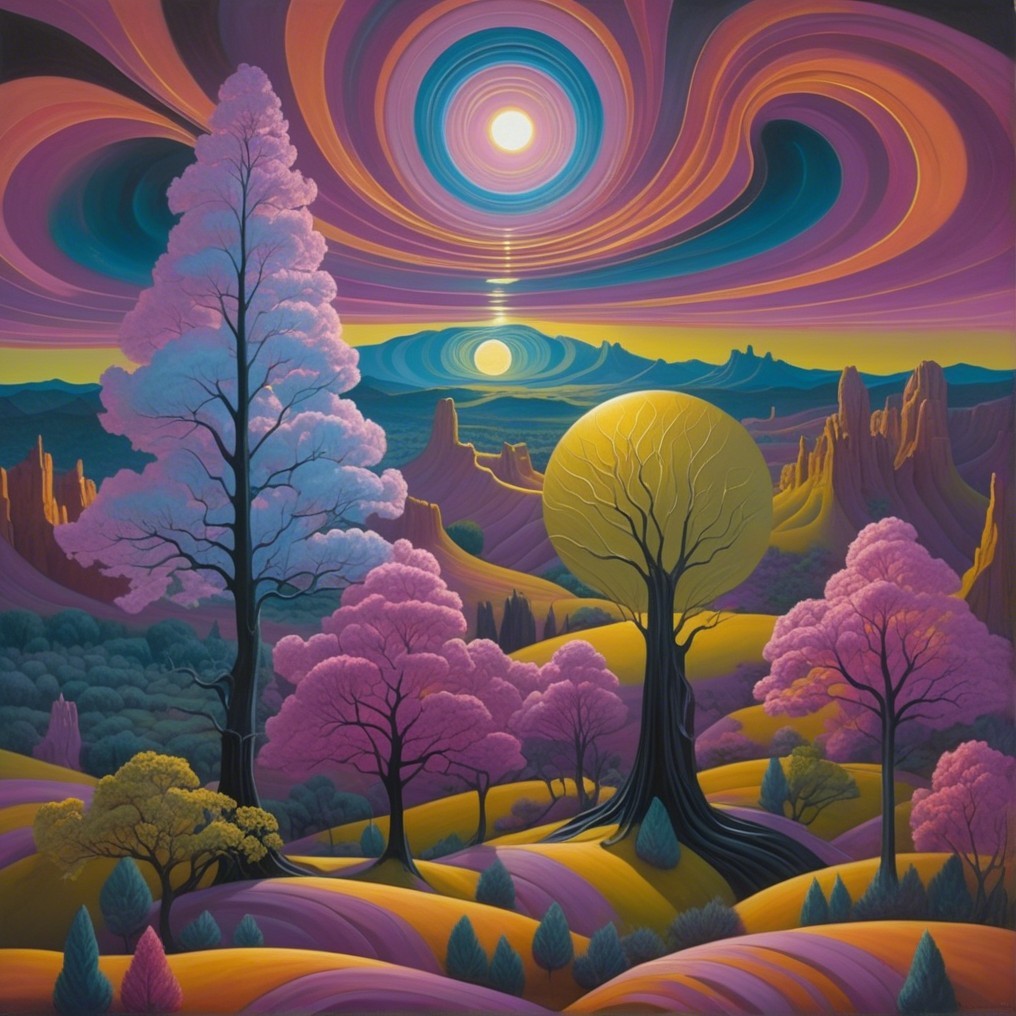 Surreal Landscape with Colorful Hills and Sunlight